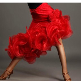 Red sequined women's ladies female irregular hem big ruffles competition professional performance latin dance skirts